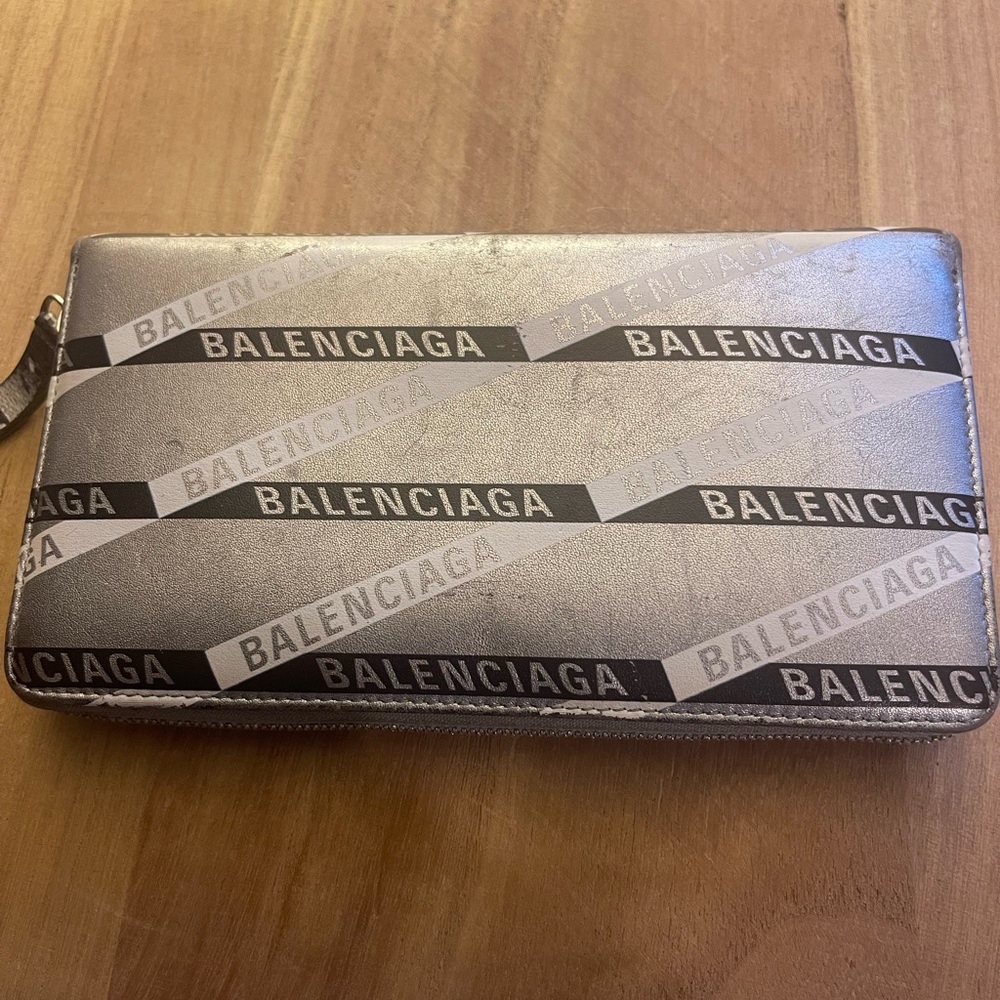 Balenciaga Everyday Zip Long Silver Leather Wallet